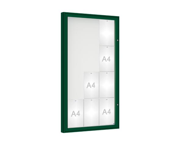 Schaukasten 1000 Farbe:RAL 6005|Verglasung:Plexichocs|Abmessungen:12 A4 – B 750 x H 1350 mm