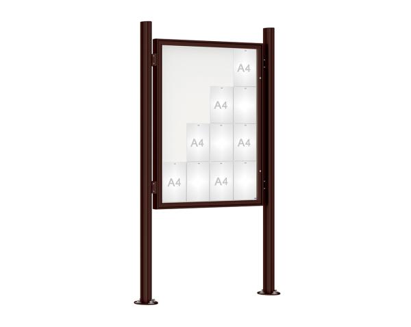 Schaukasten 1000 mit Quatro-Pfosten Farbe:RAL 8017|Abmessungen:16 A4 - B 1000 x H 1350 mm - Flügeltür|Pfosten:Pfosten-Set auf Bodenplatten - Ohne Titelleiste