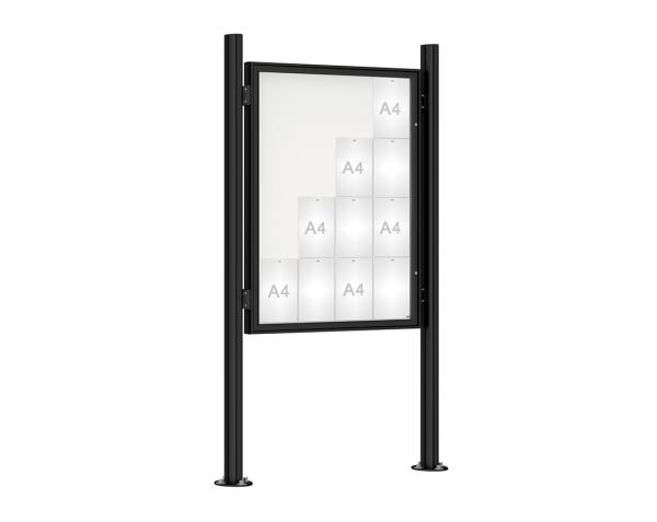 Schaukasten 1000 mit Quatro-Pfosten Farbe:RAL 9005|Abmessungen:16 A4 - B 1000 x H 1350 mm - Flügeltür|Pfosten:Pfosten-Set auf Bodenplatten - Ohne Titelleiste
