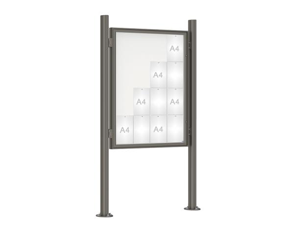 Schaukasten 1000 mit Quatro-Pfosten Farbe:Procity grau|Abmessungen:16 A4 - B 1000 x H 1350 mm - Flügeltür|Pfosten:Pfosten-Set auf Bodenplatten - Ohne Titelleiste
