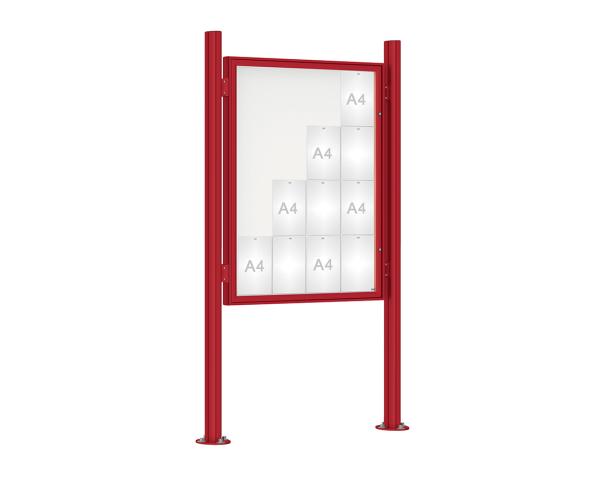 Schaukasten 1000 mit Quatro-Pfosten Farbe:RAL 3004|Abmessungen:16 A4 - B 1000 x H 1350 mm - Flügeltür|Pfosten:Mittelpfosten auf Bodenplatte - Ohne Titelleiste