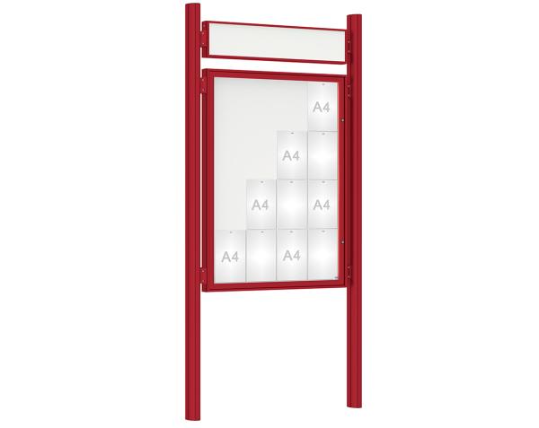 Schaukasten 1000 mit Quatro-Pfosten Farbe:RAL 3004|Abmessungen:16 A4 - B 1000 x H 1350 mm - Flügeltür|Pfosten:Pfosten-Set zum Einbetonieren - Mit Titelleiste