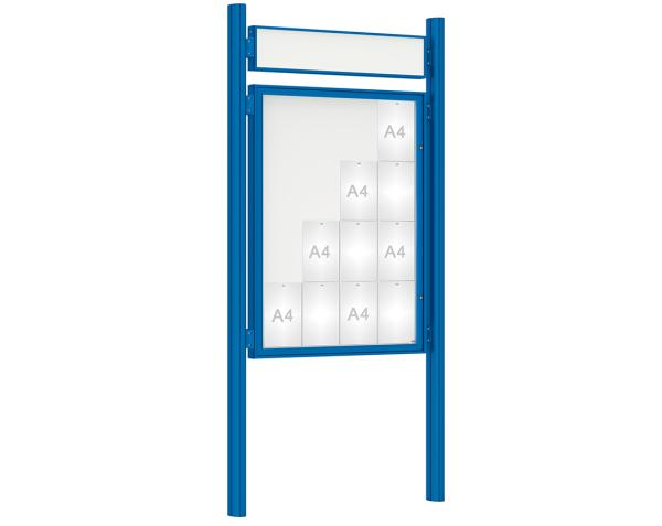 Schaukasten 1000 mit Quatro-Pfosten Farbe:RAL 5010|Abmessungen:16 A4 - B 1000 x H 1350 mm - Flügeltür|Pfosten:Pfosten-Set zum Einbetonieren - Mit Titelleiste