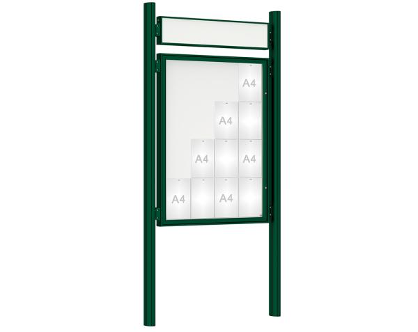 Schaukasten 1000 mit Quatro-Pfosten Farbe:RAL 6005|Abmessungen:16 A4 - B 1000 x H 1350 mm - Flügeltür|Pfosten:Pfosten-Set zum Einbetonieren - Mit Titelleiste