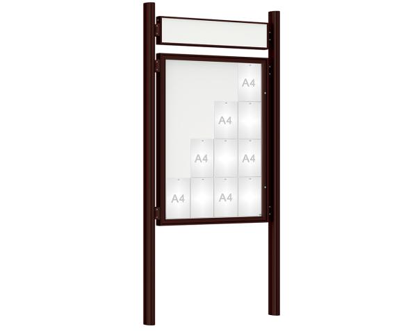 Schaukasten 1000 mit Quatro-Pfosten Farbe:RAL 8017|Abmessungen:16 A4 - B 1000 x H 1350 mm - Flügeltür|Pfosten:Pfosten-Set zum Einbetonieren - Mit Titelleiste
