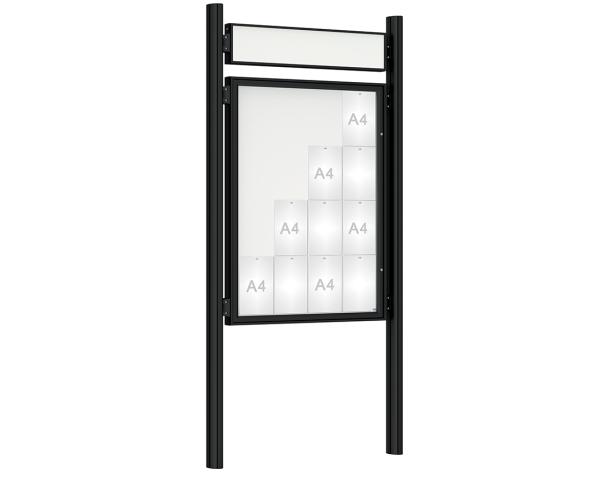 Schaukasten 1000 mit Quatro-Pfosten Farbe:RAL 9005|Abmessungen:16 A4 - B 1000 x H 1350 mm - Flügeltür|Pfosten:Pfosten-Set zum Einbetonieren - Mit Titelleiste