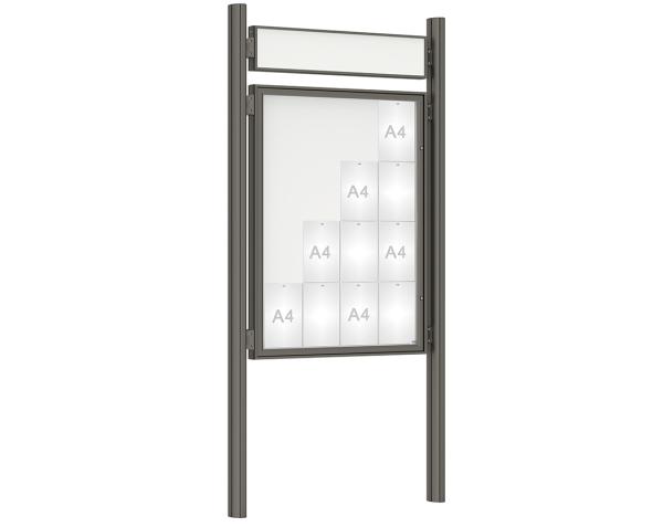 Schaukasten 1000 mit Quatro-Pfosten Farbe:Procity grau|Abmessungen:16 A4 - B 1000 x H 1350 mm - Flügeltür|Pfosten:Pfosten-Set zum Einbetonieren - Mit Titelleiste