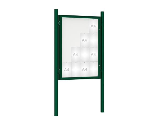 Schaukasten 1000 mit Pfosten Ø 76 mm Farbe:RAL 6005|Abmessungen:16 A4 - B 1000 x H 1350 mm - Flügeltür|Pfosten:Pfosten-Set zum Einbetonieren - Ohne Titelleiste