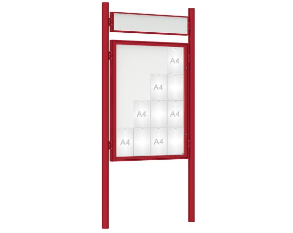 Schaukasten 1000 mit Pfosten Ø 76 mm Farbe:RAL 3004|Abmessungen:16 A4 - B 1000 x H 1350 mm - Flügeltür|Pfosten:Pfosten-Set zum Einbetonieren - Mit Titelleiste