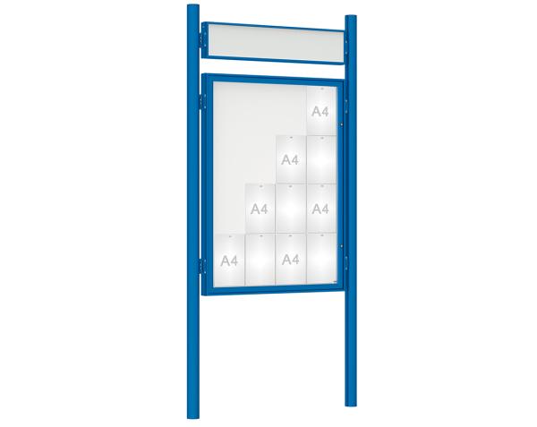 Schaukasten 1000 mit Pfosten Ø 76 mm Farbe:RAL 5010|Abmessungen:16 A4 - B 1000 x H 1350 mm - Flügeltür|Pfosten:Pfosten-Set zum Einbetonieren - Mit Titelleiste
