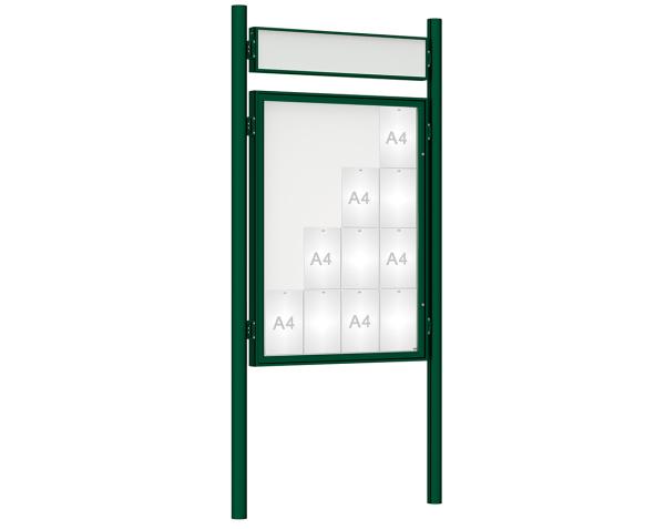 Schaukasten 1000 mit Pfosten Ø 76 mm Farbe:RAL 6005|Abmessungen:16 A4 - B 1000 x H 1350 mm - Flügeltür|Pfosten:Pfosten-Set zum Einbetonieren - Mit Titelleiste