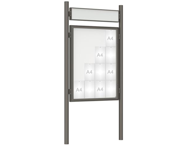 Schaukasten 1000 mit Pfosten Ø 76 mm Farbe:Procity grau|Abmessungen:16 A4 - B 1000 x H 1350 mm - Flügeltür|Pfosten:Pfosten-Set zum Einbetonieren - Mit Titelleiste