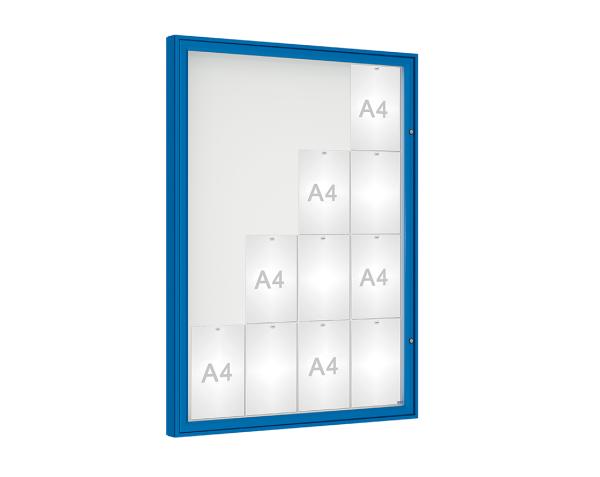 Schaukasten 1000 Farbe:RAL 5010|Verglasung:Plexichocs|Abmessungen:16 A4 – B 1000 x H 1350 mm