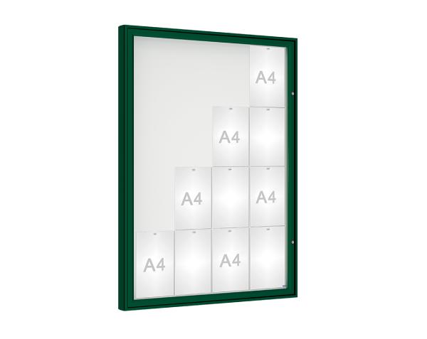Schaukasten 1000 Farbe:RAL 6005|Verglasung:Plexichocs|Abmessungen:16 A4 – B 1000 x H 1350 mm