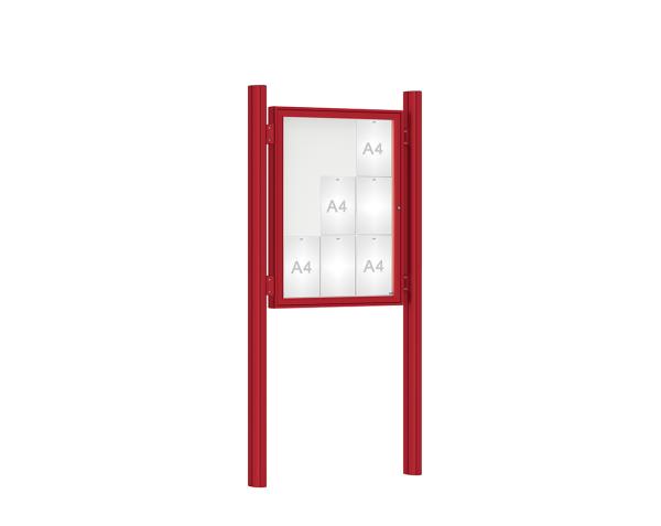 Schaukasten 1000 mit Quatro-Pfosten Farbe:RAL 3004|Abmessungen:9 A4 - B 750 x H 1000 mm - Flügeltür|Pfosten:Pfosten-Set zum Einbetonieren - Ohne Titelleiste
