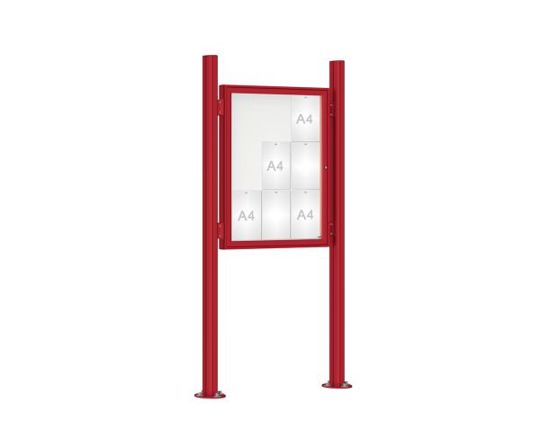 Schaukasten 1000 mit Quatro-Pfosten Farbe:RAL 3004|Abmessungen:9 A4 - B 750 x H 1000 mm - Flügeltür|Pfosten:Pfosten-Set auf Bodenplatten - Ohne Titelleiste