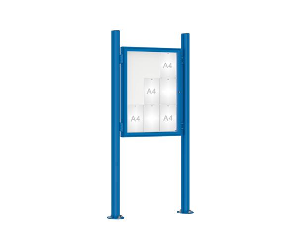 Schaukasten 1000 mit Quatro-Pfosten Farbe:RAL 5010|Abmessungen:9 A4 - B 750 x H 1000 mm - Flügeltür|Pfosten:Pfosten-Set auf Bodenplatten - Ohne Titelleiste