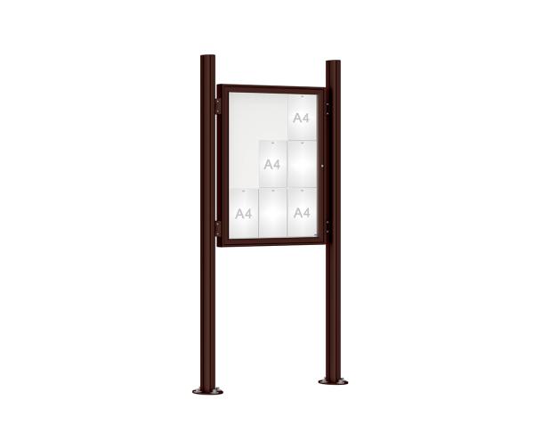 Schaukasten 1000 mit Quatro-Pfosten Farbe:RAL 8017|Abmessungen:9 A4 - B 750 x H 1000 mm - Flügeltür|Pfosten:Pfosten-Set auf Bodenplatten - Ohne Titelleiste