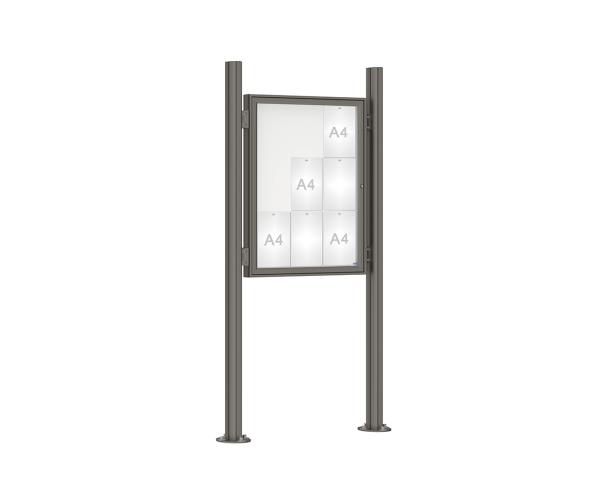 Schaukasten 1000 mit Quatro-Pfosten Farbe:Procity grau|Abmessungen:9 A4 - B 750 x H 1000 mm - Flügeltür|Pfosten:Pfosten-Set auf Bodenplatten - Ohne Titelleiste