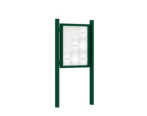Schaukasten 1000 mit Quatro-Pfosten Farbe:RAL 6005|Abmessungen:9 A4 - B 750 x H 1000 mm - Flügeltür|Pfosten:Mittelpfosten zum Einbetonieren - Ohne Titelleiste