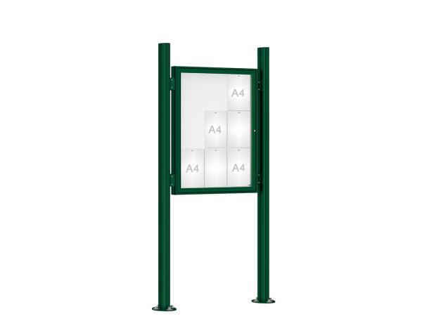Schaukasten 1000 mit Quatro-Pfosten Farbe:RAL 6005|Abmessungen:9 A4 - B 750 x H 1000 mm - Flügeltür|Pfosten:Mittelpfosten auf Bodenplatte - Ohne Titelleiste