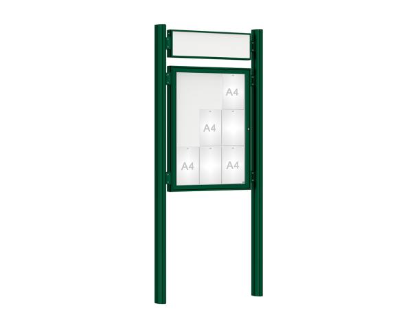 Schaukasten 1000 mit Quatro-Pfosten Farbe:RAL 6005|Abmessungen:9 A4 - B 750 x H 1000 mm - Flügeltür|Pfosten:Pfosten-Set zum Einbetonieren - Mit Titelleiste