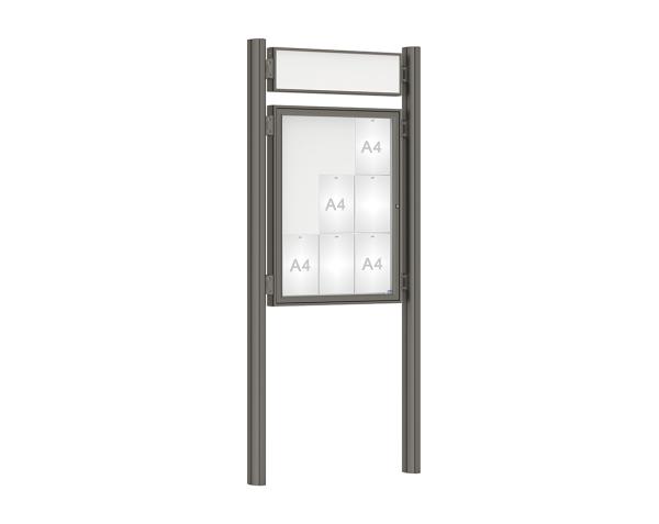 Schaukasten 1000 mit Quatro-Pfosten Farbe:Procity grau|Abmessungen:9 A4 - B 750 x H 1000 mm - Flügeltür|Pfosten:Pfosten-Set zum Einbetonieren - Mit Titelleiste