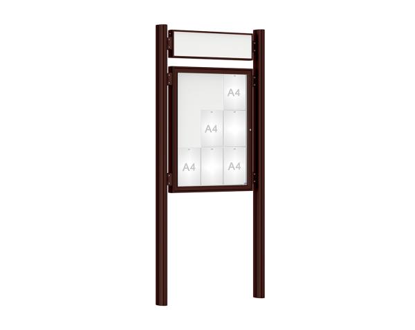 Schaukasten 1000 mit Quatro-Pfosten Farbe:RAL 8017|Abmessungen:9 A4 - B 750 x H 1000 mm - Flügeltür|Pfosten:Mittelpfosten zum Einbetonieren - Mit Titelleiste