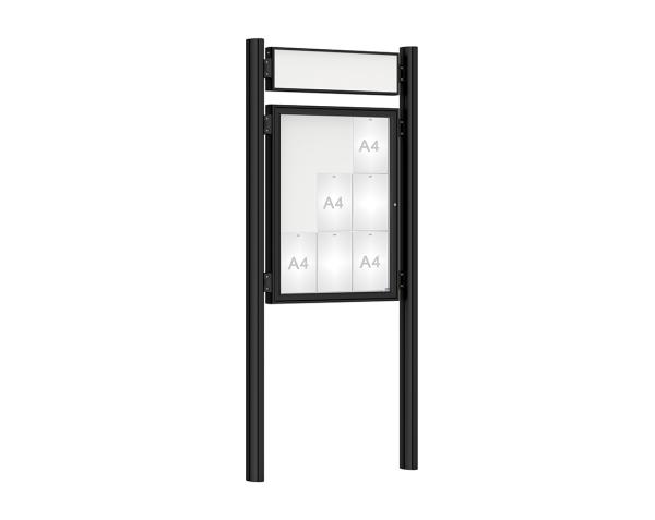 Schaukasten 1000 mit Quatro-Pfosten Farbe:RAL 9005|Abmessungen:9 A4 - B 750 x H 1000 mm - Flügeltür|Pfosten:Mittelpfosten zum Einbetonieren - Mit Titelleiste