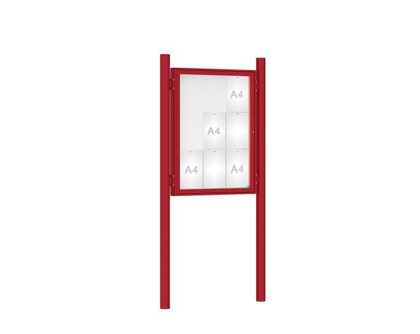 Schaukasten 1000 mit Pfosten Ø 76 mm Farbe:RAL 3004|Abmessungen:9 A4 - B 750 x H 1000 mm - Flügeltür|Pfosten:Pfosten-Set zum Einbetonieren - Ohne Titelleiste