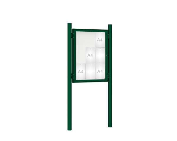 Schaukasten 1000 mit Pfosten Ø 76 mm Farbe:RAL 6005|Abmessungen:9 A4 - B 750 x H 1000 mm - Flügeltür|Pfosten:Pfosten-Set zum Einbetonieren - Ohne Titelleiste