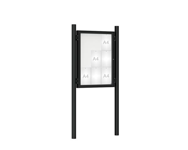 Schaukasten 1000 mit Pfosten Ø 76 mm Farbe:RAL 9005|Abmessungen:9 A4 - B 750 x H 1000 mm - Flügeltür|Pfosten:Pfosten-Set zum Einbetonieren - Ohne Titelleiste