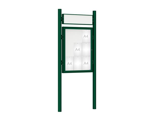 Schaukasten 1000 mit Pfosten Ø 76 mm Farbe:RAL 6005|Abmessungen:9 A4 - B 750 x H 1000 mm - Flügeltür|Pfosten:Pfosten-Set zum Einbetonieren - Mit Titelleiste