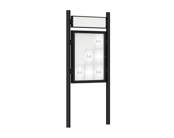 Schaukasten 1000 mit Pfosten Ø 76 mm Farbe:RAL 9005|Abmessungen:9 A4 - B 750 x H 1000 mm - Flügeltür|Pfosten:Pfosten-Set zum Einbetonieren - Mit Titelleiste