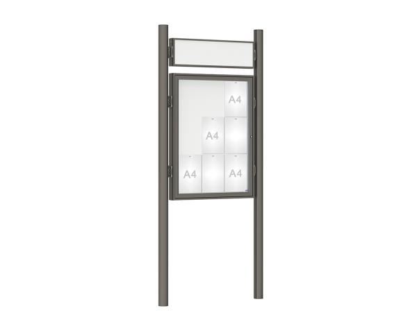 Schaukasten 1000 mit Pfosten Ø 76 mm Farbe:Procity grau|Abmessungen:9 A4 - B 750 x H 1000 mm - Flügeltür|Pfosten:Pfosten-Set zum Einbetonieren - Mit Titelleiste