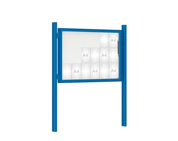 Schaukasten 1000 mit Quatro-Pfosten Farbe:RAL 5010|Abmessungen:18 A4 - B 1350 x H 1000 mm - Klapptür|Pfosten:Pfosten-Set zum Einbetonieren - Ohne Titelleiste