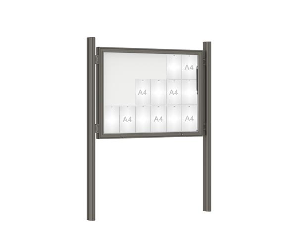 Schaukasten 1000 mit Quatro-Pfosten Farbe:Procity grau|Abmessungen:18 A4 - B 1350 x H 1000 mm - Klapptür|Pfosten:Pfosten-Set zum Einbetonieren - Ohne Titelleiste