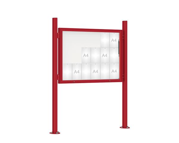 Schaukasten 1000 mit Quatro-Pfosten Farbe:RAL 3004|Abmessungen:18 A4 - B 1350 x H 1000 mm - Klapptür|Pfosten:Pfosten-Set auf Bodenplatten - Ohne Titelleiste