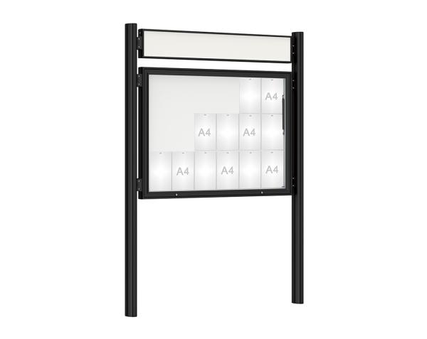 Schaukasten 1000 mit Quatro-Pfosten Farbe:RAL 9005|Abmessungen:18 A4 - B 1350 x H 1000 mm - Klapptür|Pfosten:Pfosten-Set zum Einbetonieren - Mit Titelleiste