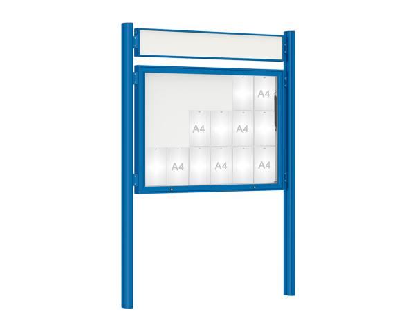 Schaukasten 1000 mit Quatro-Pfosten Farbe:RAL 5010|Abmessungen:18 A4 - B 1350 x H 1000 mm - Klapptür|Pfosten:Mittelpfosten zum Einbetonieren - Mit Titelleiste