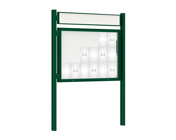 Schaukasten 1000 mit Quatro-Pfosten Farbe:RAL 6005|Abmessungen:18 A4 - B 1350 x H 1000 mm - Klapptür|Pfosten:Mittelpfosten zum Einbetonieren - Mit Titelleiste