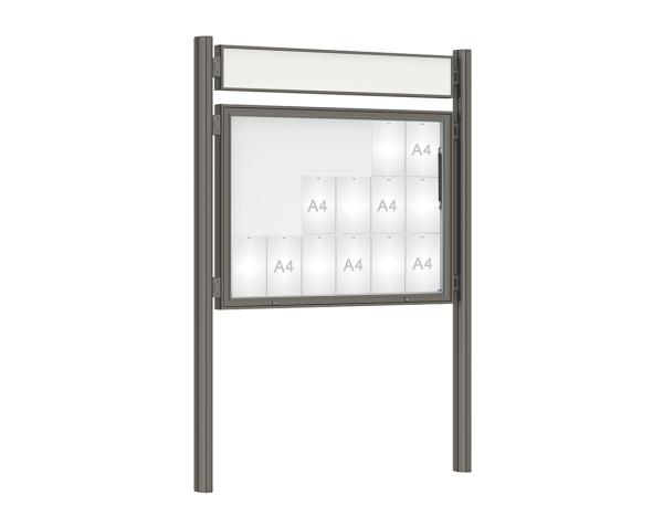 Schaukasten 1000 mit Quatro-Pfosten Farbe:Procity grau|Abmessungen:18 A4 - B 1350 x H 1000 mm - Klapptür|Pfosten:Mittelpfosten zum Einbetonieren - Mit Titelleiste