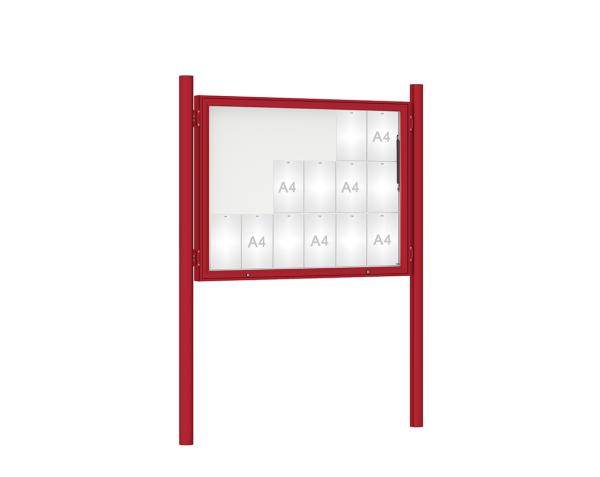 Schaukasten 1000 mit Pfosten Ø 76 mm Farbe:RAL 3004|Abmessungen:18 A4 - B 1350 x H 1000 mm - Klapptür|Pfosten:Pfosten-Set zum Einbetonieren - Ohne Titelleiste