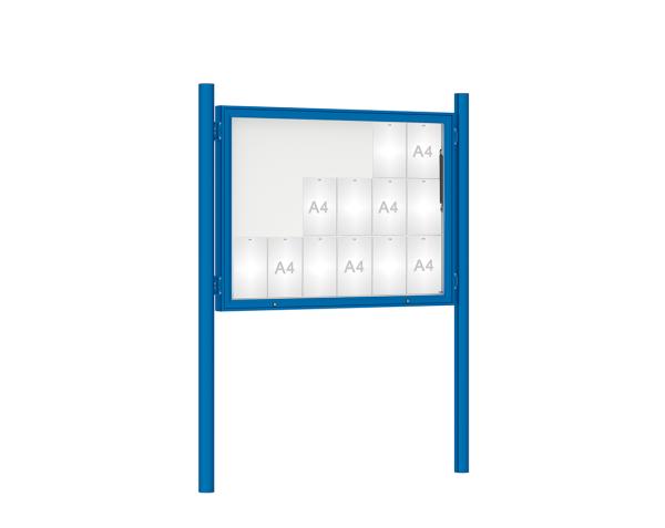 Schaukasten 1000 mit Pfosten Ø 76 mm Farbe:RAL 5010|Abmessungen:18 A4 - B 1350 x H 1000 mm - Klapptür|Pfosten:Pfosten-Set zum Einbetonieren - Ohne Titelleiste
