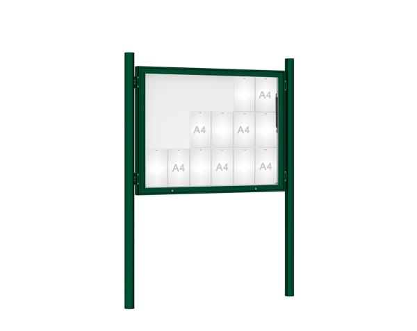 Schaukasten 1000 mit Pfosten Ø 76 mm Farbe:RAL 6005|Abmessungen:18 A4 - B 1350 x H 1000 mm - Klapptür|Pfosten:Pfosten-Set zum Einbetonieren - Ohne Titelleiste