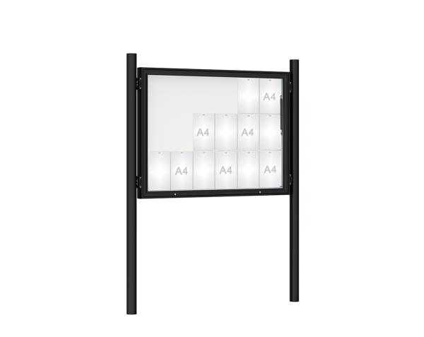Schaukasten 1000 mit Pfosten Ø 76 mm Farbe:RAL 9005|Abmessungen:18 A4 - B 1350 x H 1000 mm - Klapptür|Pfosten:Pfosten-Set zum Einbetonieren - Ohne Titelleiste