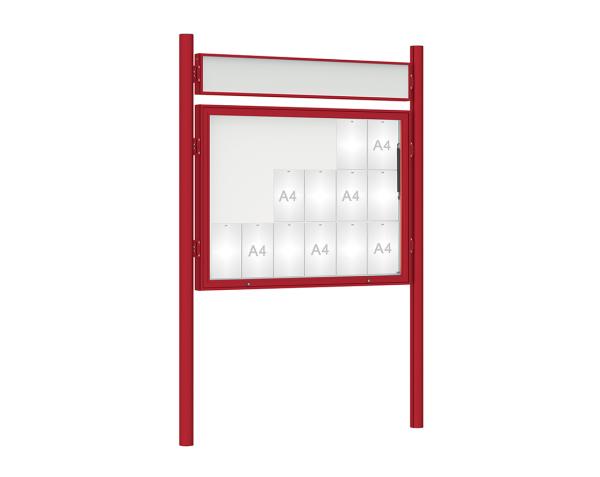 Schaukasten 1000 mit Pfosten Ø 76 mm Farbe:RAL 3004|Abmessungen:18 A4 - B 1350 x H 1000 mm - Klapptür|Pfosten:Pfosten-Set zum Einbetonieren - Mit Titelleiste