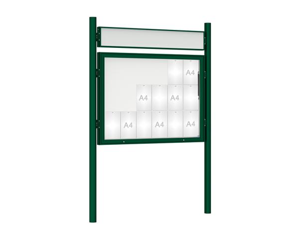 Schaukasten 1000 mit Pfosten Ø 76 mm Farbe:RAL 6005|Abmessungen:18 A4 - B 1350 x H 1000 mm - Klapptür|Pfosten:Pfosten-Set zum Einbetonieren - Mit Titelleiste