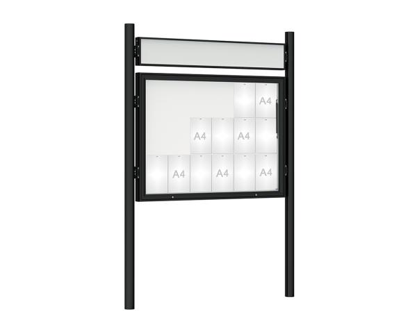 Schaukasten 1000 mit Pfosten Ø 76 mm Farbe:RAL 9005|Abmessungen:18 A4 - B 1350 x H 1000 mm - Klapptür|Pfosten:Pfosten-Set zum Einbetonieren - Mit Titelleiste