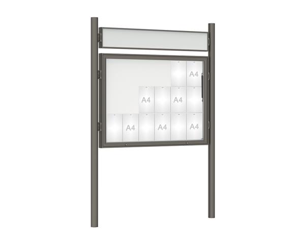 Schaukasten 1000 mit Pfosten Ø 76 mm Farbe:Procity grau|Abmessungen:18 A4 - B 1350 x H 1000 mm - Klapptür|Pfosten:Pfosten-Set zum Einbetonieren - Mit Titelleiste